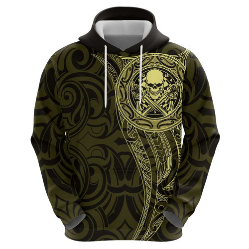 New Zealand Skull Darts Hoodie Aotearoa Maori Chest Tattoo Stylized Gold - Aussie Hoodie