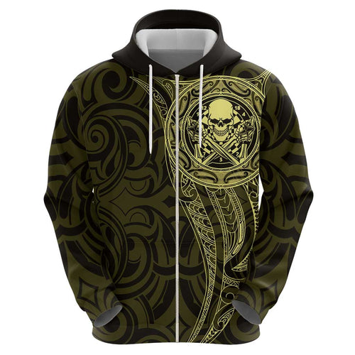 New Zealand Skull Darts Hoodie Aotearoa Maori Chest Tattoo Stylized Gold - Aussie Hoodie