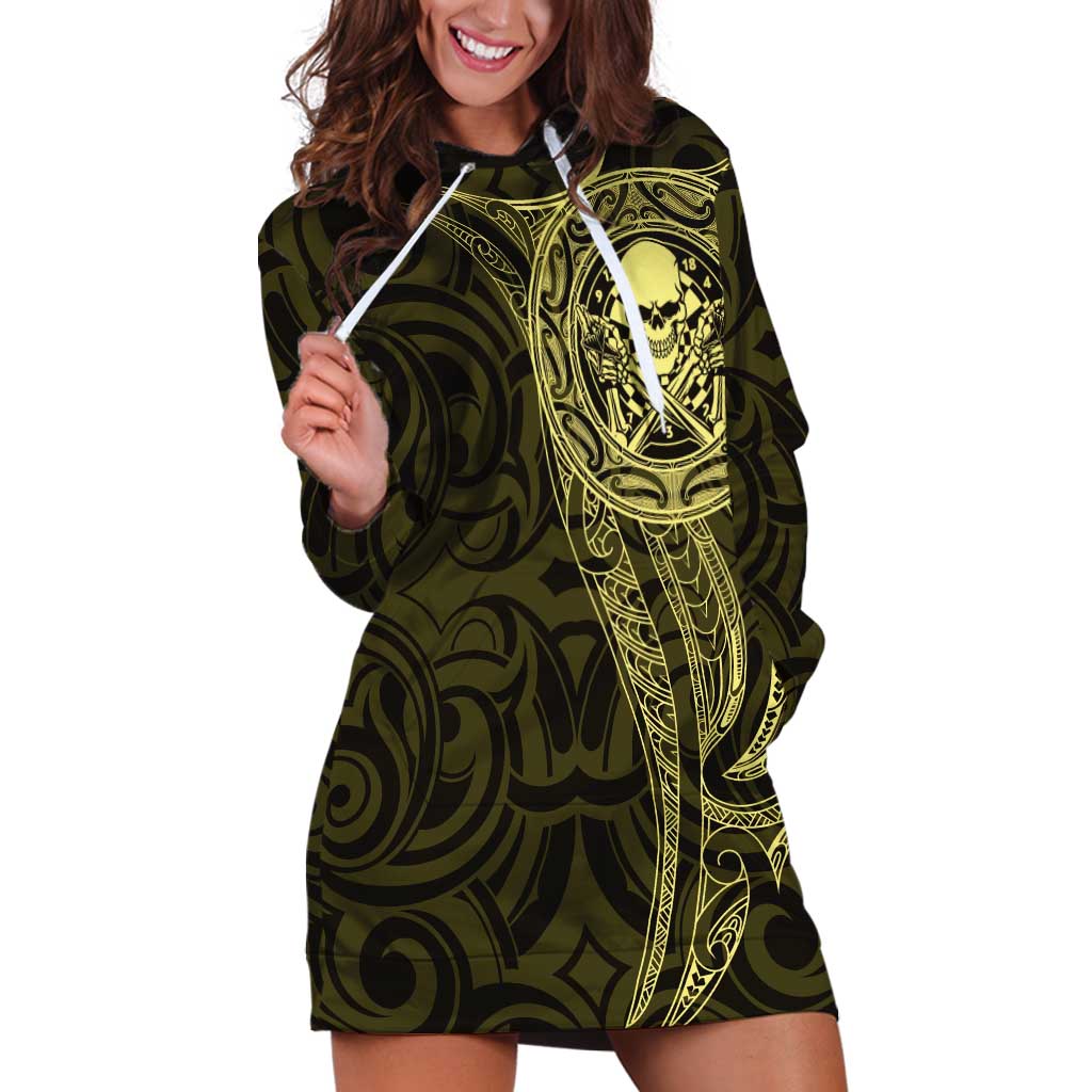 New Zealand Skull Darts Hoodie Dress Aotearoa Maori Chest Tattoo Stylized Gold - Aussie Hoodie
