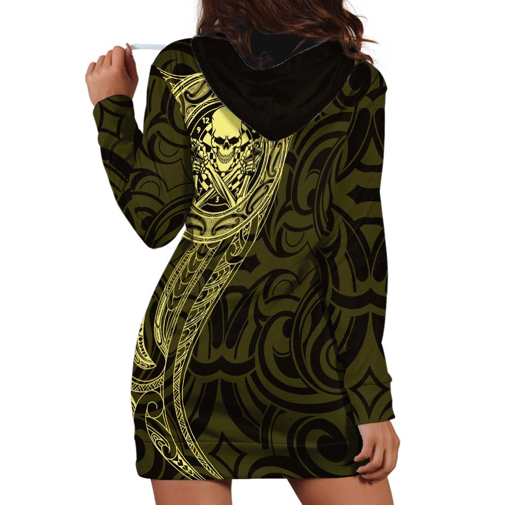 New Zealand Skull Darts Hoodie Dress Aotearoa Maori Chest Tattoo Stylized Gold - Aussie Hoodie