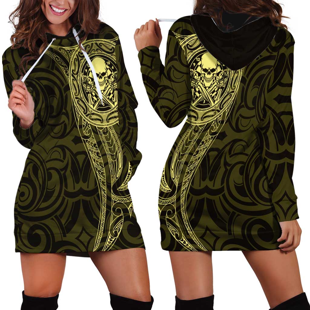 New Zealand Skull Darts Hoodie Dress Aotearoa Maori Chest Tattoo Stylized Gold - Aussie Hoodie