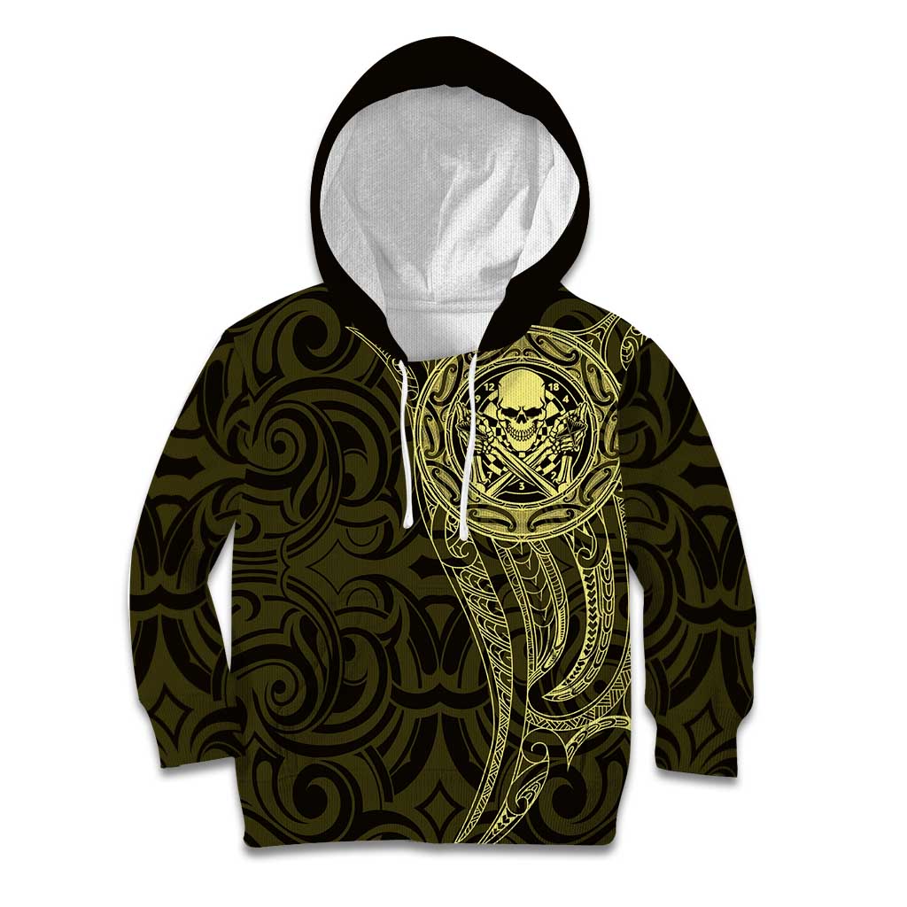 New Zealand Skull Darts Kid Hoodie Aotearoa Maori Chest Tattoo Stylized Gold - Aussie Hoodie