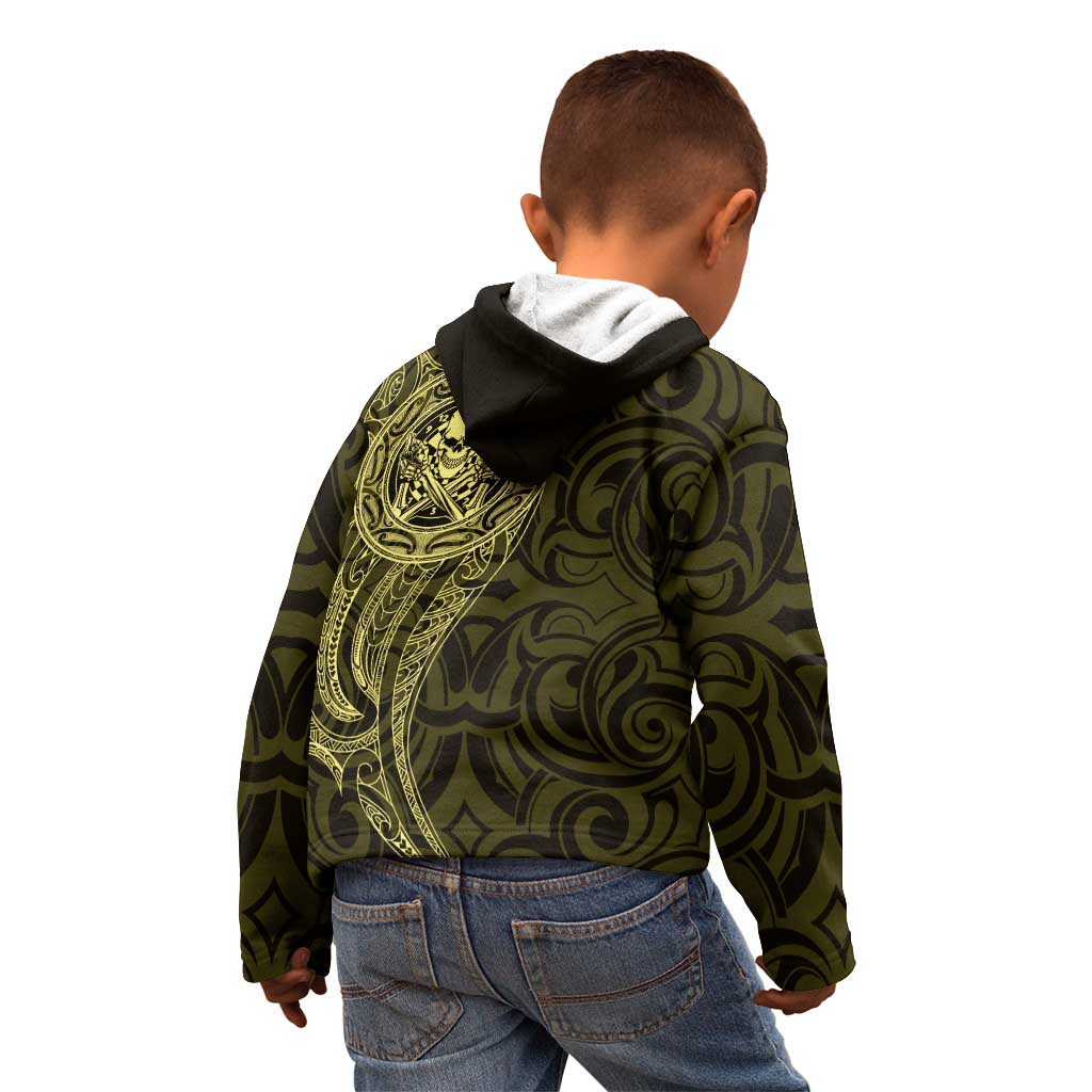 New Zealand Skull Darts Kid Hoodie Aotearoa Maori Chest Tattoo Stylized Gold - Aussie Hoodie