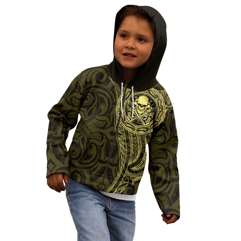 New Zealand Skull Darts Kid Hoodie Aotearoa Maori Chest Tattoo Stylized Gold - Aussie Hoodie
