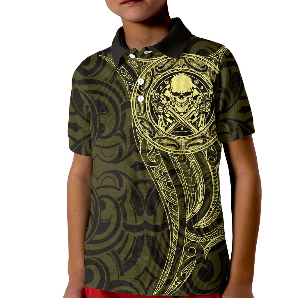 New Zealand Skull Darts Kid Polo Shirt Aotearoa Maori Chest Tattoo Stylized Gold - Aussie Hoodie