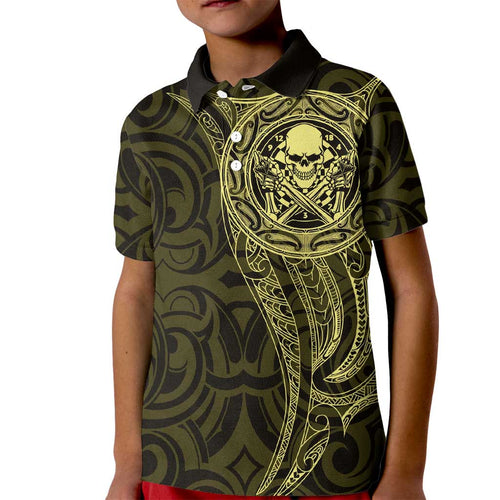 New Zealand Skull Darts Kid Polo Shirt Aotearoa Maori Chest Tattoo Stylized Gold - Aussie Hoodie