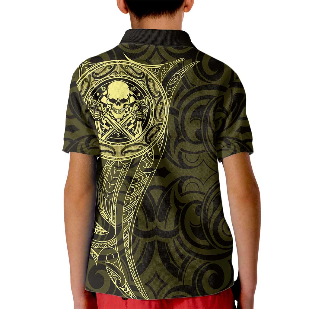New Zealand Skull Darts Kid Polo Shirt Aotearoa Maori Chest Tattoo Stylized Gold - Aussie Hoodie