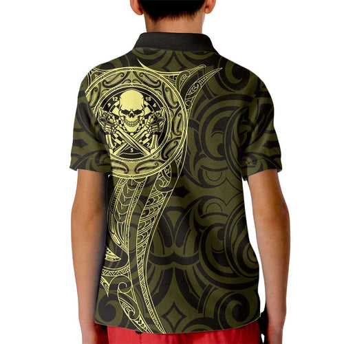 New Zealand Skull Darts Kid Polo Shirt Aotearoa Maori Chest Tattoo Stylized Gold - Aussie Hoodie
