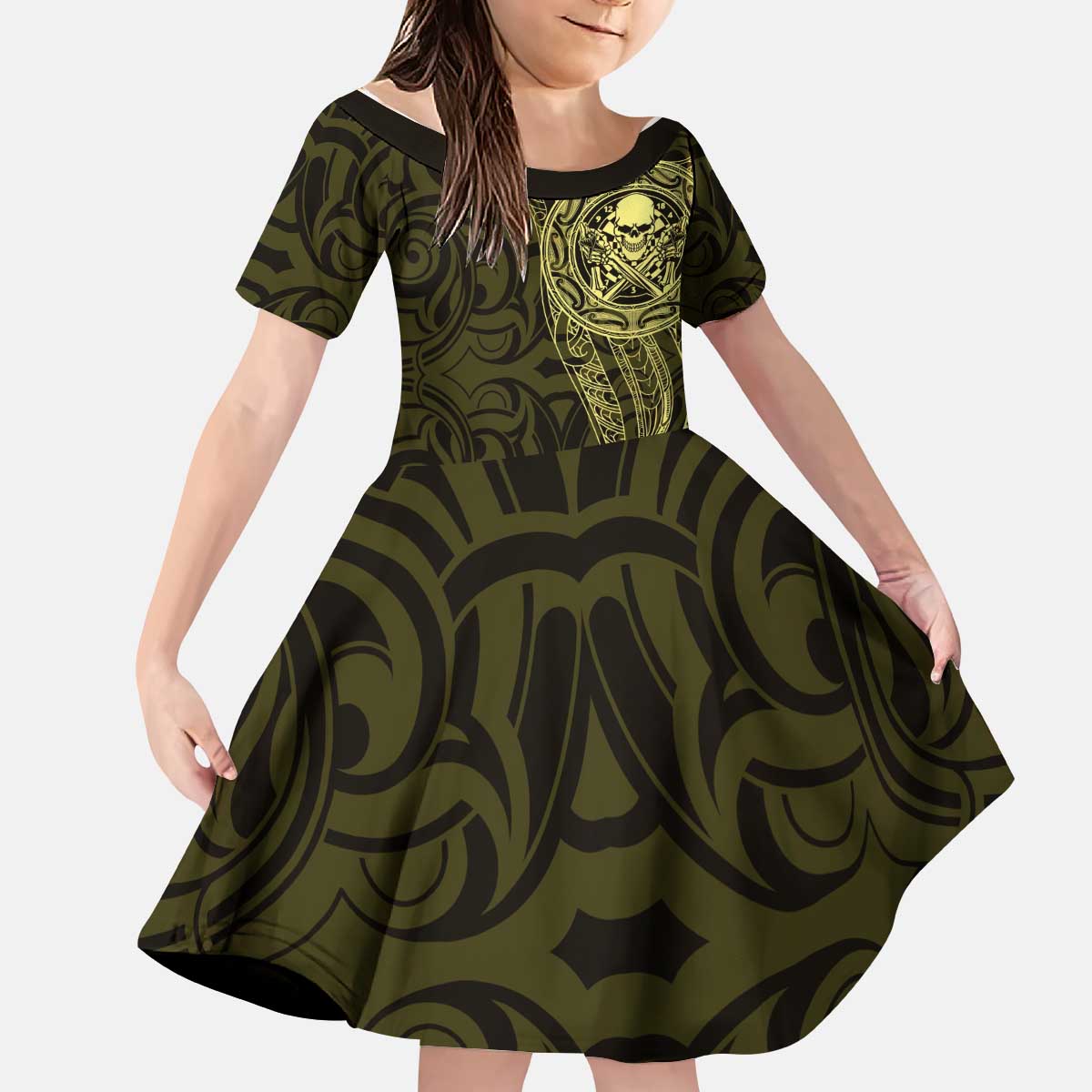 New Zealand Skull Darts Kid Short Sleeve Dress Aotearoa Maori Chest Tattoo Stylized Gold - Aussie Hoodie