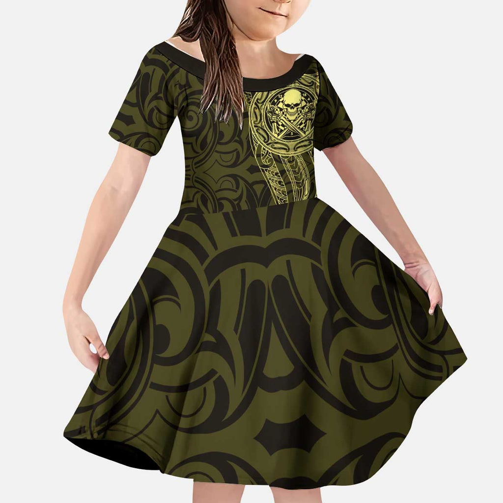 New Zealand Skull Darts Kid Short Sleeve Dress Aotearoa Maori Chest Tattoo Stylized Gold - Aussie Hoodie