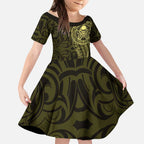New Zealand Skull Darts Kid Short Sleeve Dress Aotearoa Maori Chest Tattoo Stylized Gold - Aussie Hoodie