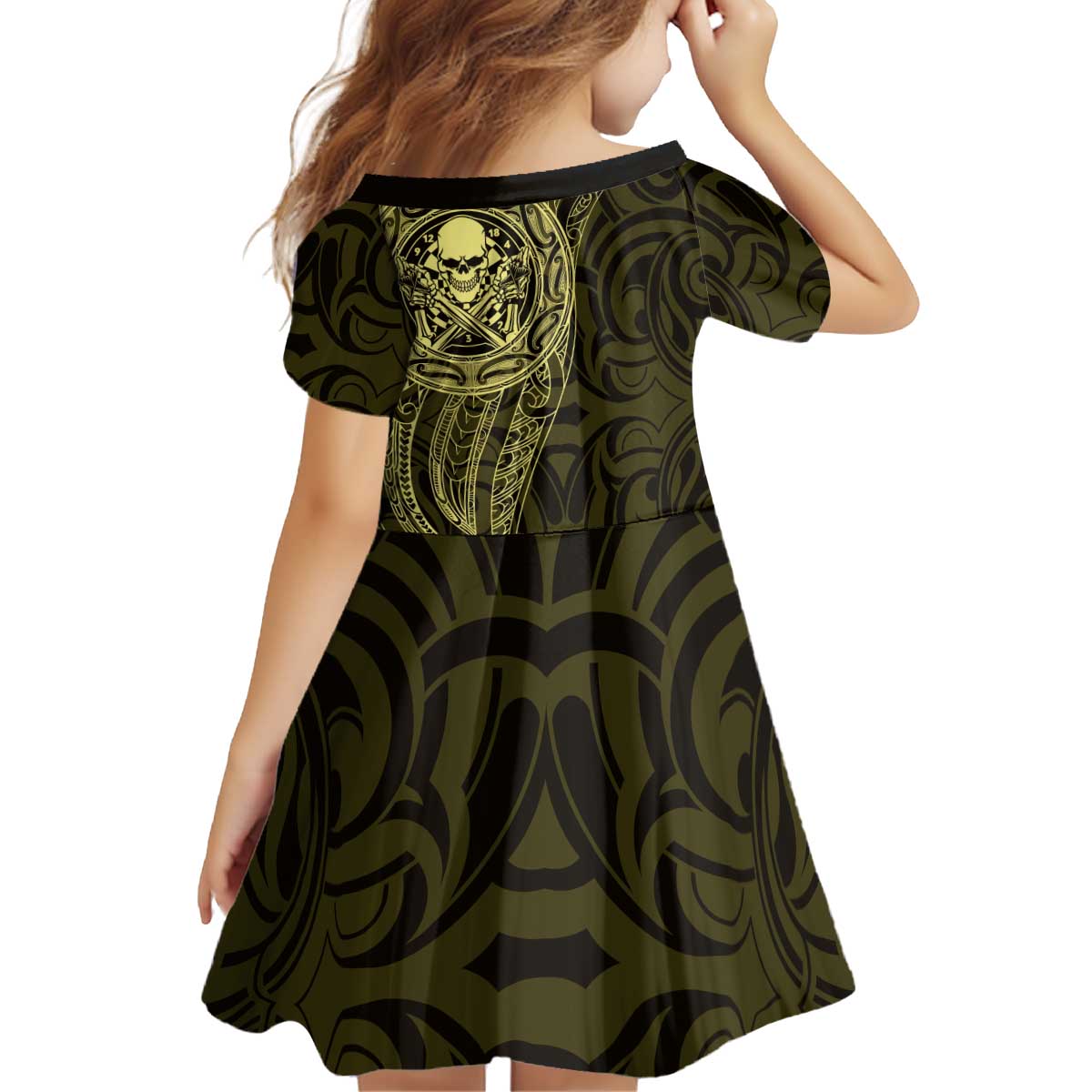 New Zealand Skull Darts Kid Short Sleeve Dress Aotearoa Maori Chest Tattoo Stylized Gold - Aussie Hoodie