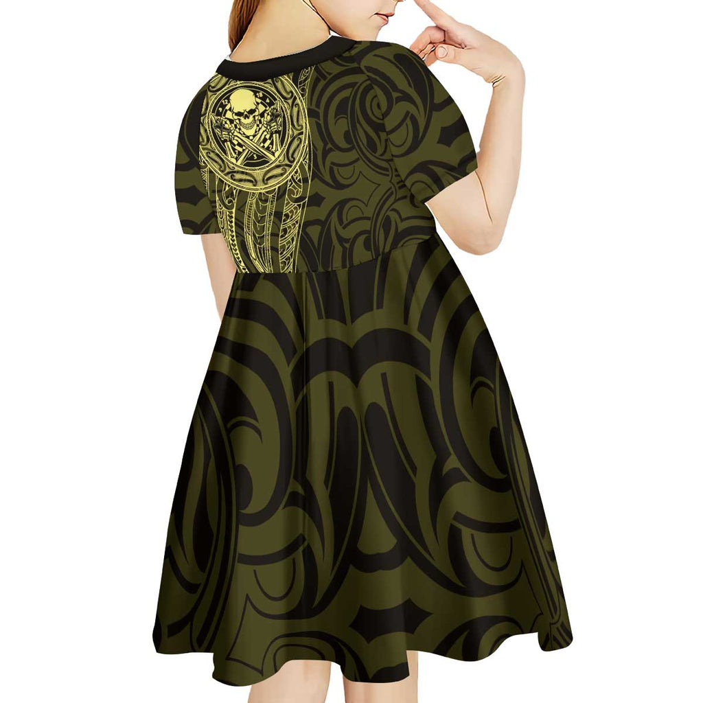 New Zealand Skull Darts Kid Short Sleeve Dress Aotearoa Maori Chest Tattoo Stylized Gold - Aussie Hoodie