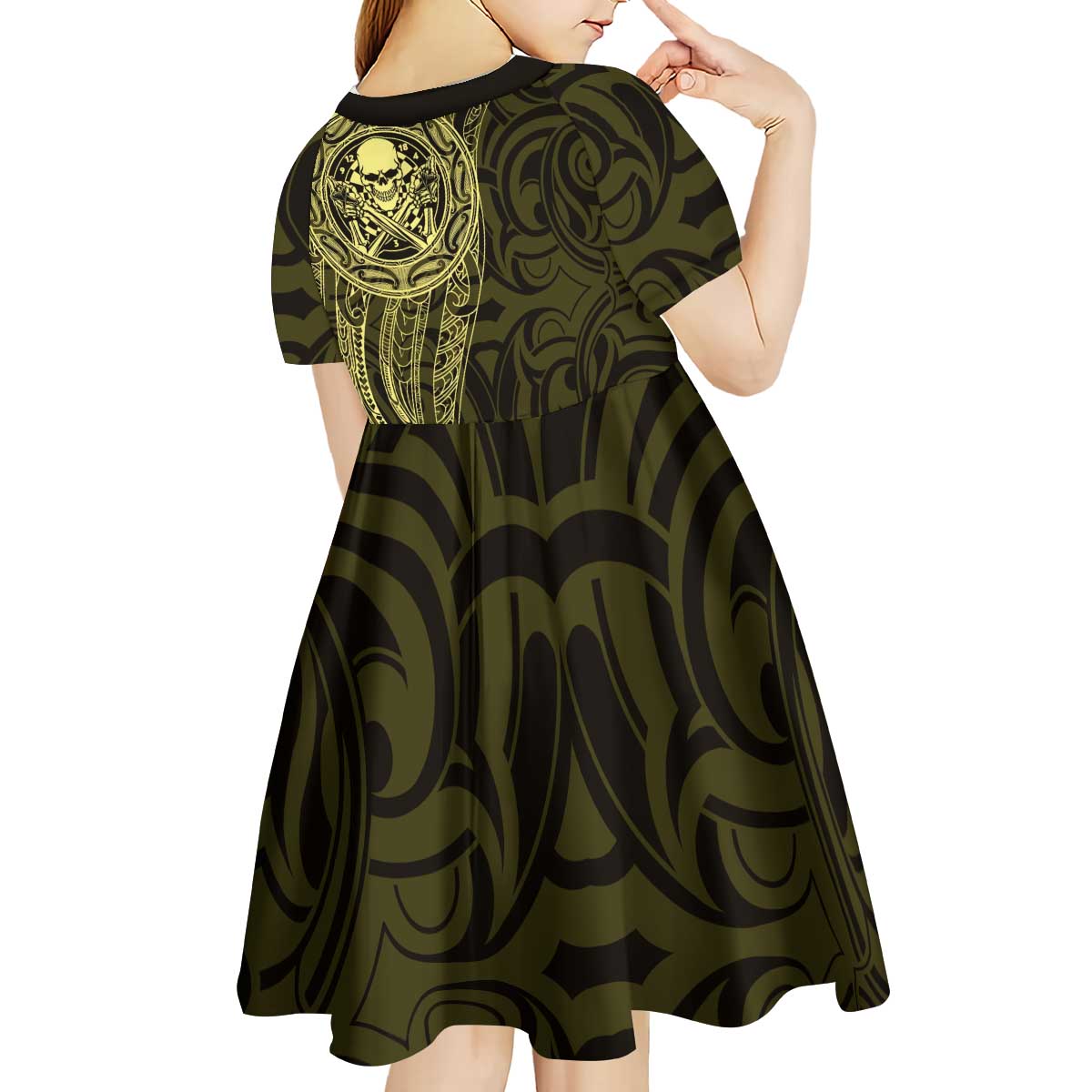 New Zealand Skull Darts Kid Short Sleeve Dress Aotearoa Maori Chest Tattoo Stylized Gold - Aussie Hoodie