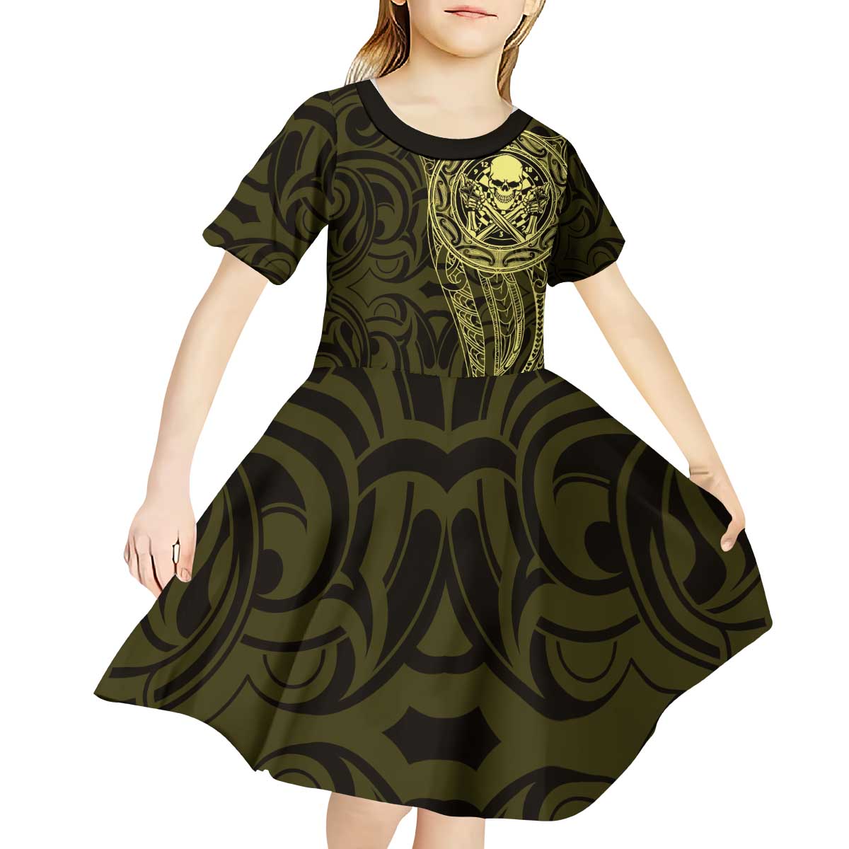 New Zealand Skull Darts Kid Short Sleeve Dress Aotearoa Maori Chest Tattoo Stylized Gold - Aussie Hoodie
