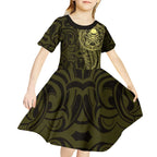New Zealand Skull Darts Kid Short Sleeve Dress Aotearoa Maori Chest Tattoo Stylized Gold - Aussie Hoodie