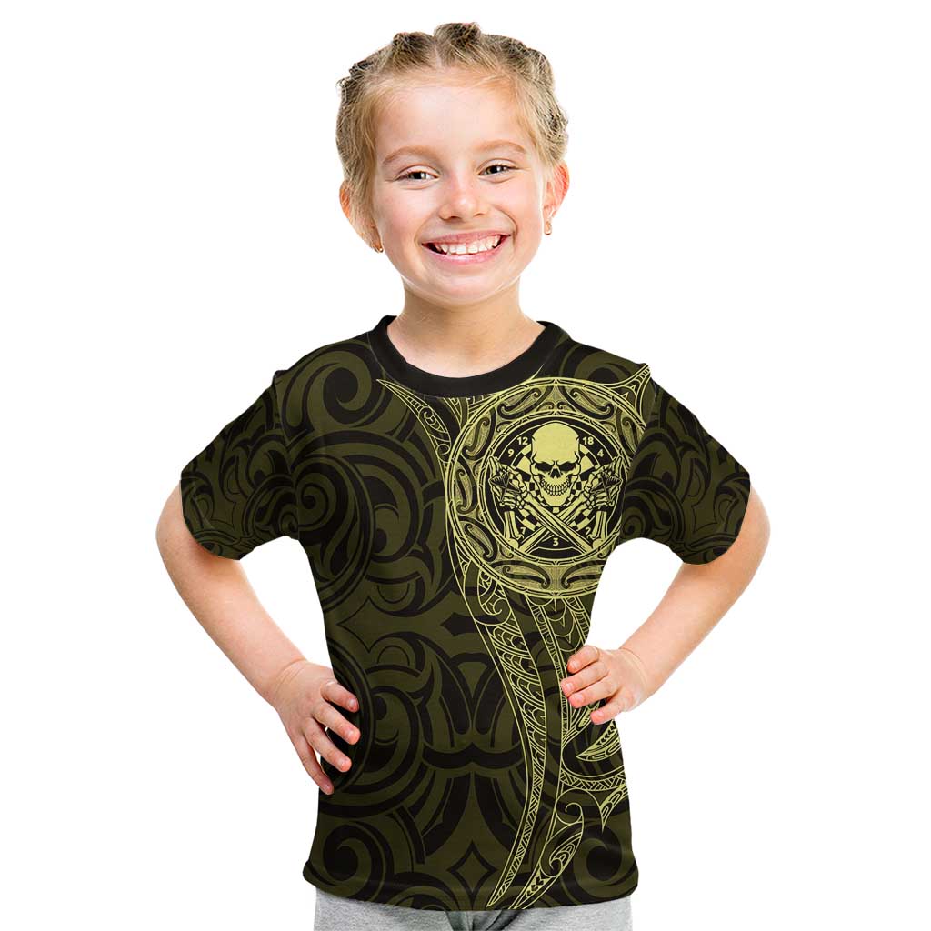 New Zealand Skull Darts Kid T Shirt Aotearoa Maori Chest Tattoo Stylized Gold - Aussie Hoodie