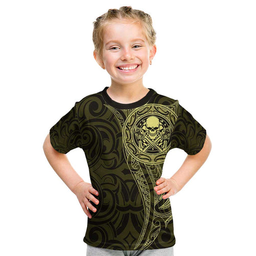 New Zealand Skull Darts Kid T Shirt Aotearoa Maori Chest Tattoo Stylized Gold - Aussie Hoodie