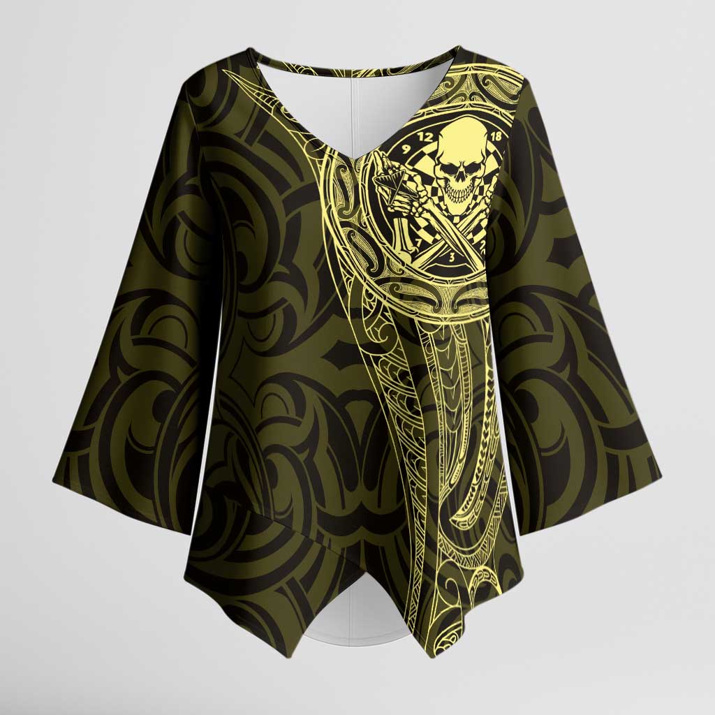 New Zealand Skull Darts Kimono Sleeve Blouse Aotearoa Maori Chest Tattoo Stylized Gold - Aussie Hoodie