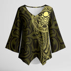 New Zealand Skull Darts Kimono Sleeve Blouse Aotearoa Maori Chest Tattoo Stylized Gold - Aussie Hoodie