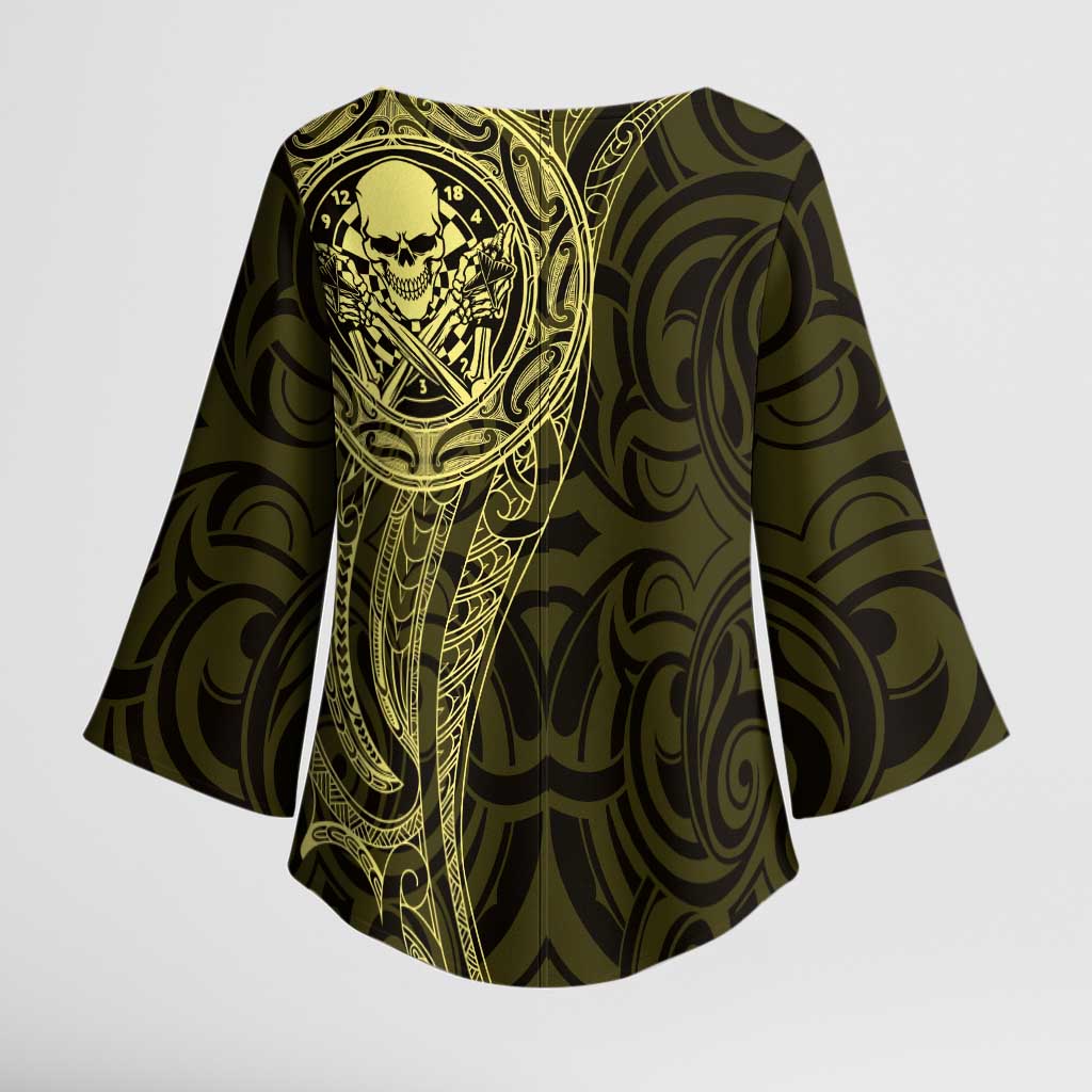 New Zealand Skull Darts Kimono Sleeve Blouse Aotearoa Maori Chest Tattoo Stylized Gold - Aussie Hoodie