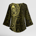New Zealand Skull Darts Kimono Sleeve Blouse Aotearoa Maori Chest Tattoo Stylized Gold - Aussie Hoodie