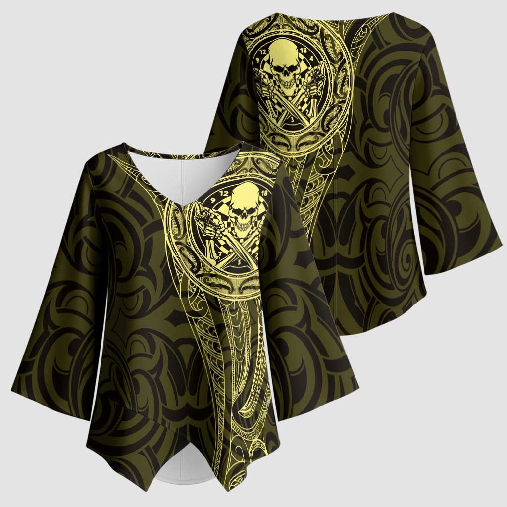 New Zealand Skull Darts Kimono Sleeve Blouse Aotearoa Maori Chest Tattoo Stylized Gold - Aussie Hoodie