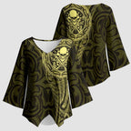 New Zealand Skull Darts Kimono Sleeve Blouse Aotearoa Maori Chest Tattoo Stylized Gold - Aussie Hoodie