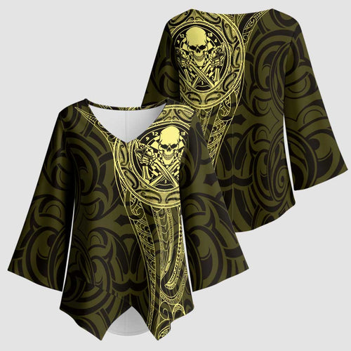 New Zealand Skull Darts Kimono Sleeve Blouse Aotearoa Maori Chest Tattoo Stylized Gold - Aussie Hoodie