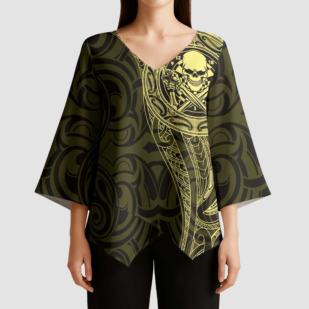 New Zealand Skull Darts Kimono Sleeve Blouse Aotearoa Maori Chest Tattoo Stylized Gold - Aussie Hoodie