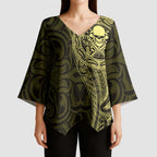 New Zealand Skull Darts Kimono Sleeve Blouse Aotearoa Maori Chest Tattoo Stylized Gold - Aussie Hoodie