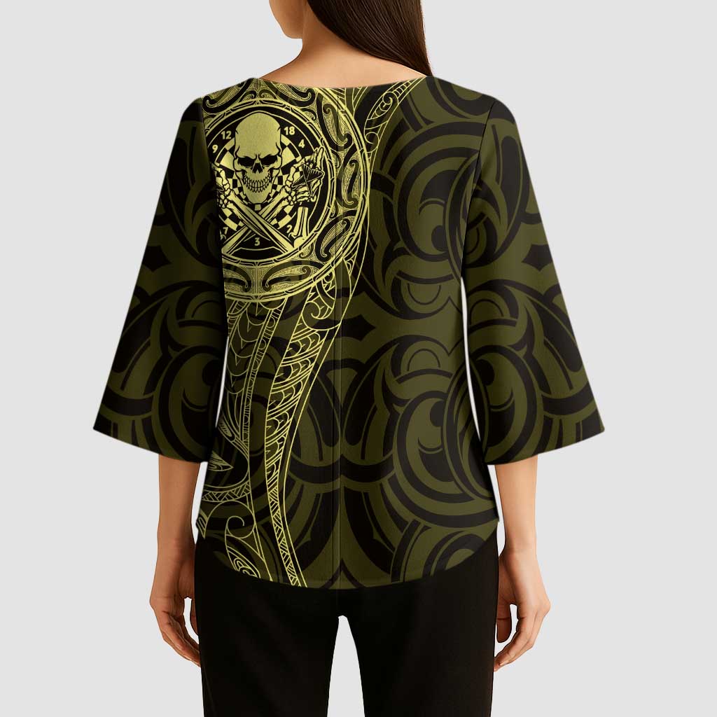 New Zealand Skull Darts Kimono Sleeve Blouse Aotearoa Maori Chest Tattoo Stylized Gold - Aussie Hoodie