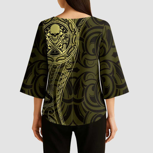 New Zealand Skull Darts Kimono Sleeve Blouse Aotearoa Maori Chest Tattoo Stylized Gold - Aussie Hoodie