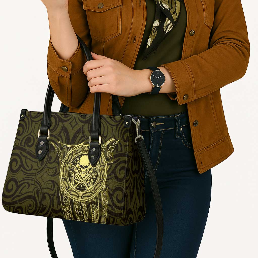 New Zealand Skull Darts Leather Bag Aotearoa Maori Chest Tattoo Stylized Gold - Aussie Hoodie