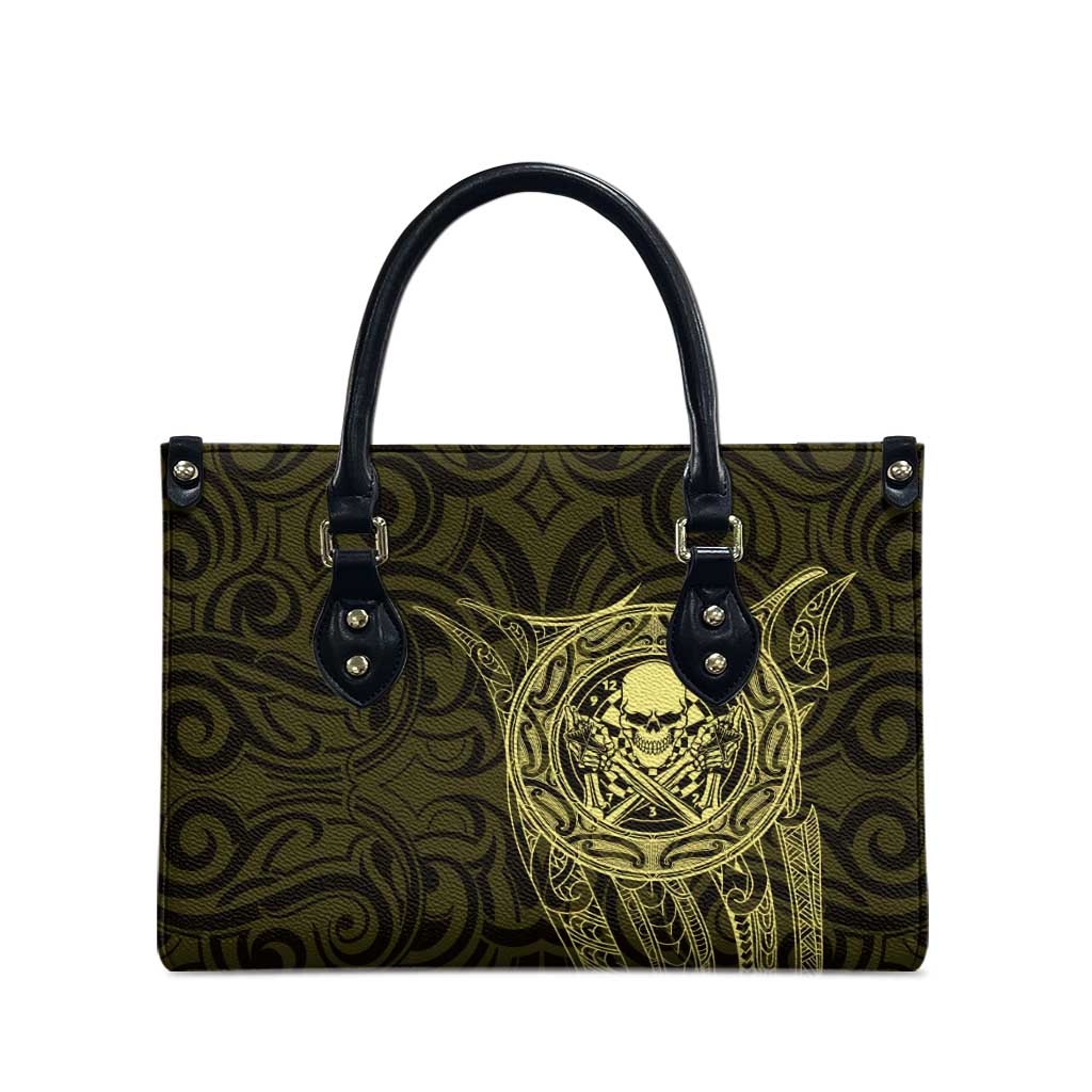 New Zealand Skull Darts Leather Bag Aotearoa Maori Chest Tattoo Stylized Gold - Aussie Hoodie