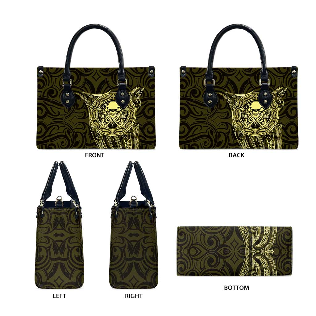 New Zealand Skull Darts Leather Bag Aotearoa Maori Chest Tattoo Stylized Gold - Aussie Hoodie