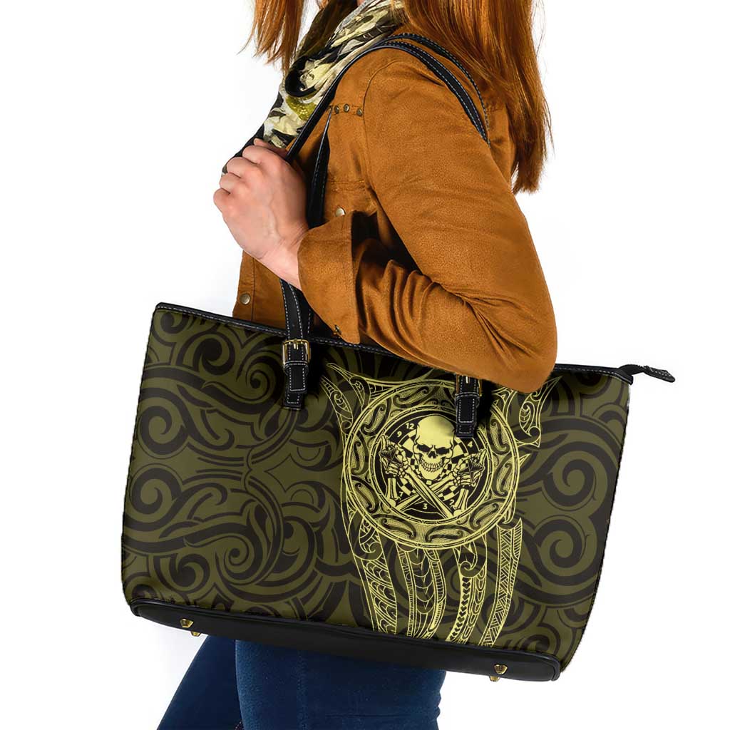 New Zealand Skull Darts Leather Tote Bag Aotearoa Maori Chest Tattoo Stylized Gold - Aussie Hoodie