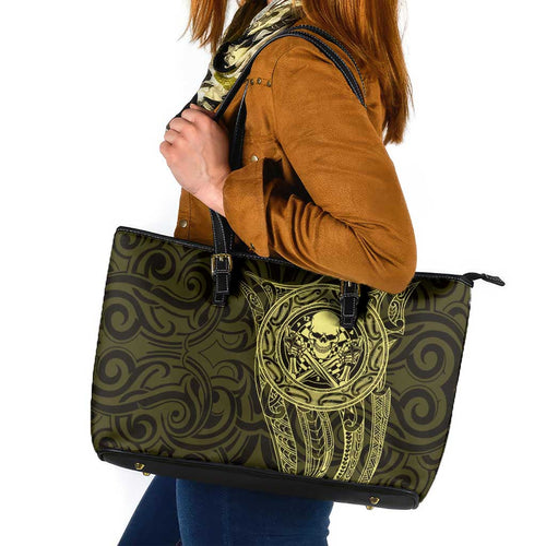 New Zealand Skull Darts Leather Tote Bag Aotearoa Maori Chest Tattoo Stylized Gold - Aussie Hoodie