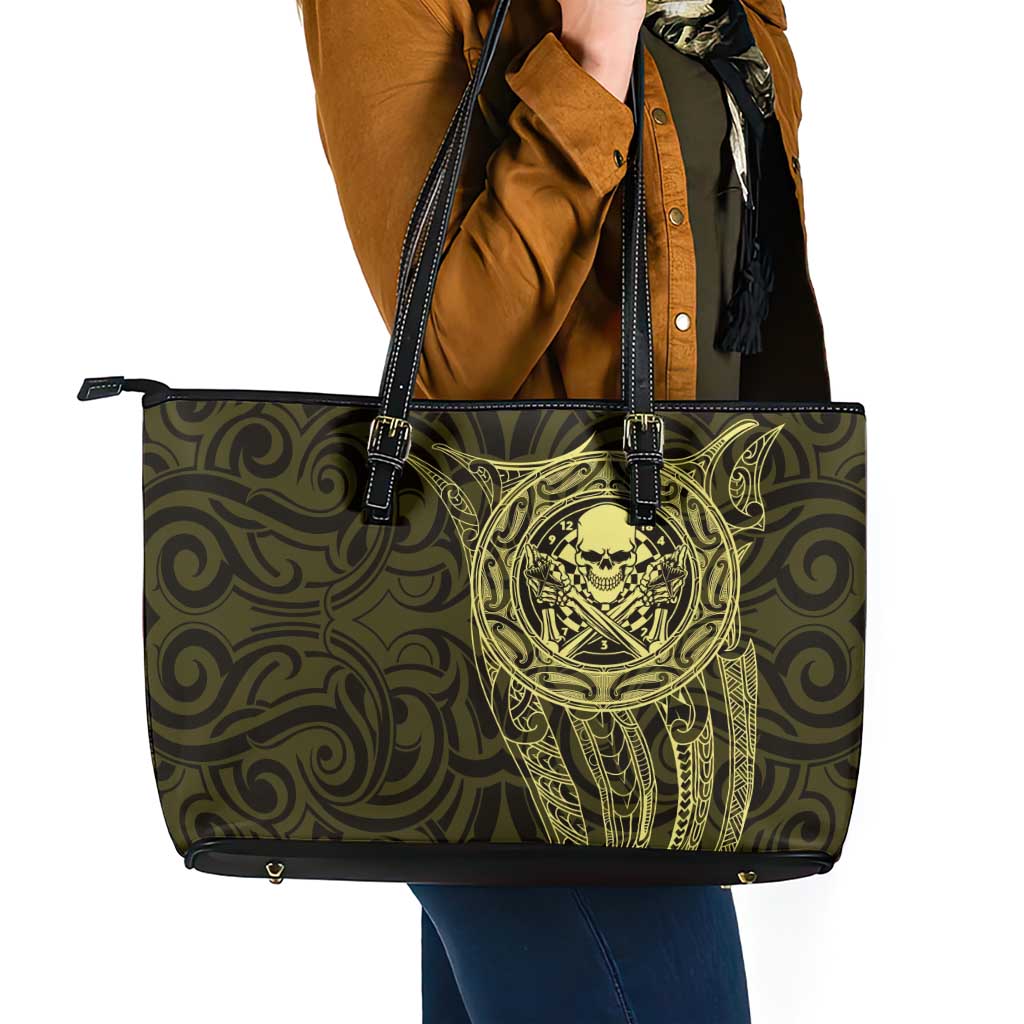 New Zealand Skull Darts Leather Tote Bag Aotearoa Maori Chest Tattoo Stylized Gold - Aussie Hoodie