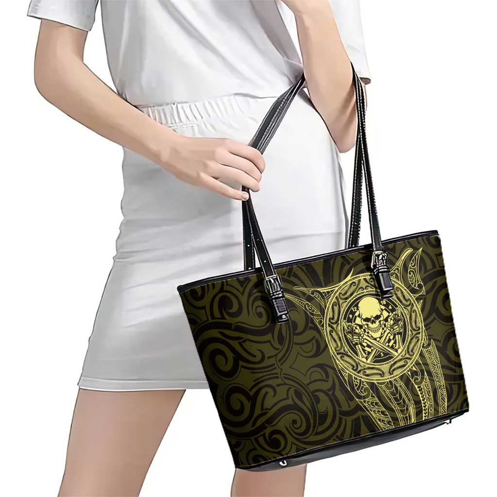 New Zealand Skull Darts Leather Tote Bag Aotearoa Maori Chest Tattoo Stylized Gold - Aussie Hoodie