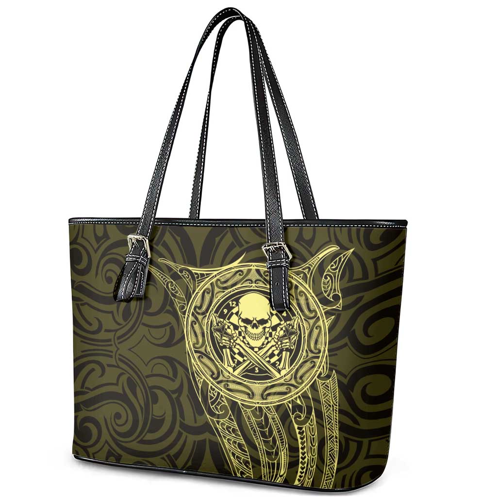 New Zealand Skull Darts Leather Tote Bag Aotearoa Maori Chest Tattoo Stylized Gold - Aussie Hoodie
