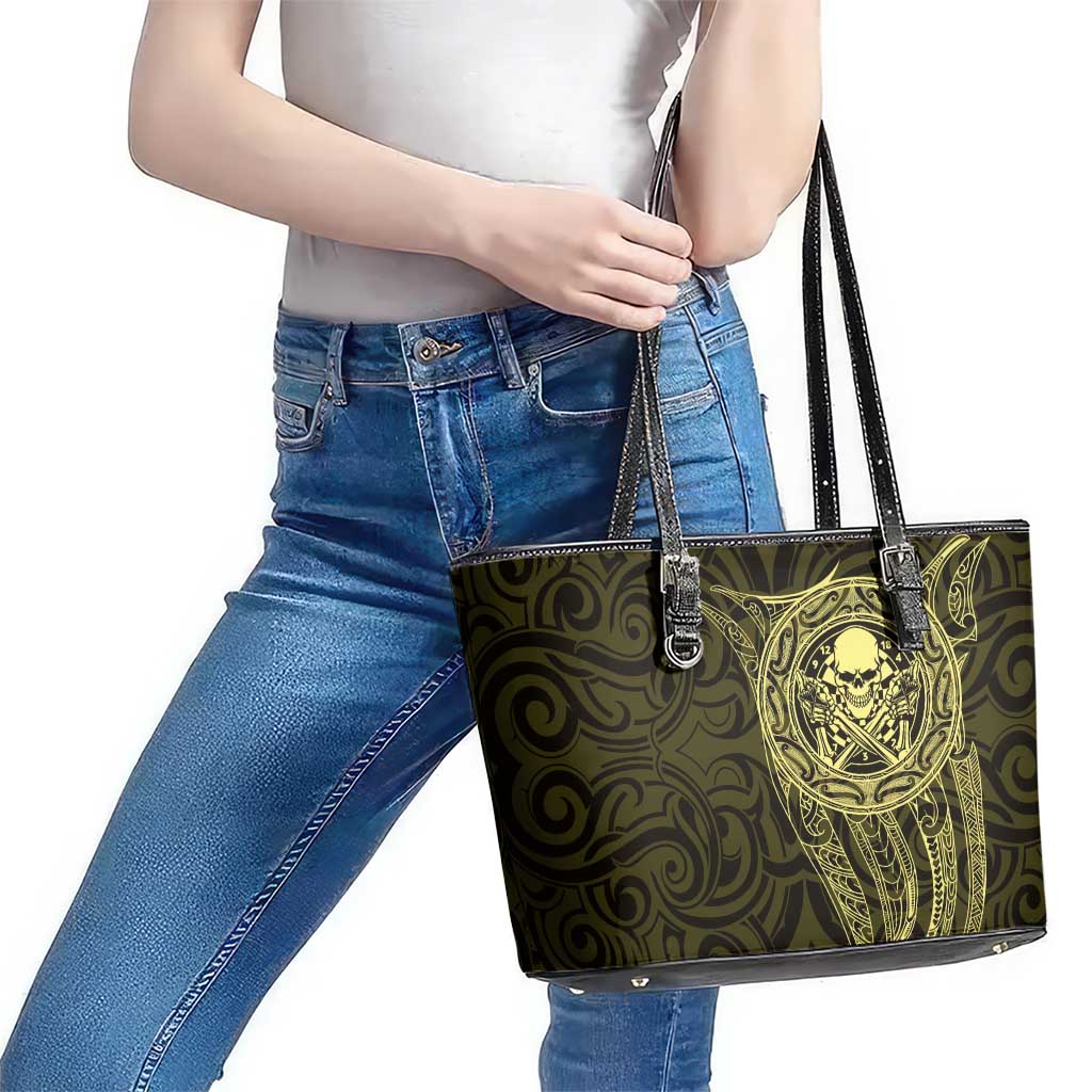 New Zealand Skull Darts Leather Tote Bag Aotearoa Maori Chest Tattoo Stylized Gold - Aussie Hoodie