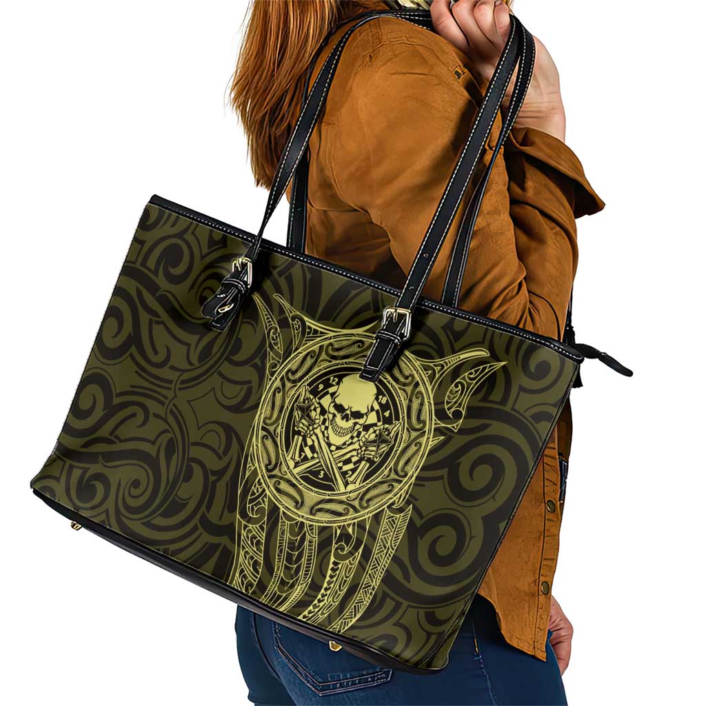 New Zealand Skull Darts Leather Tote Bag Aotearoa Maori Chest Tattoo Stylized Gold - Aussie Hoodie