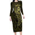 New Zealand Skull Darts Long Sleeve Bodycon Dress Aotearoa Maori Chest Tattoo Stylized Gold - Aussie Hoodie