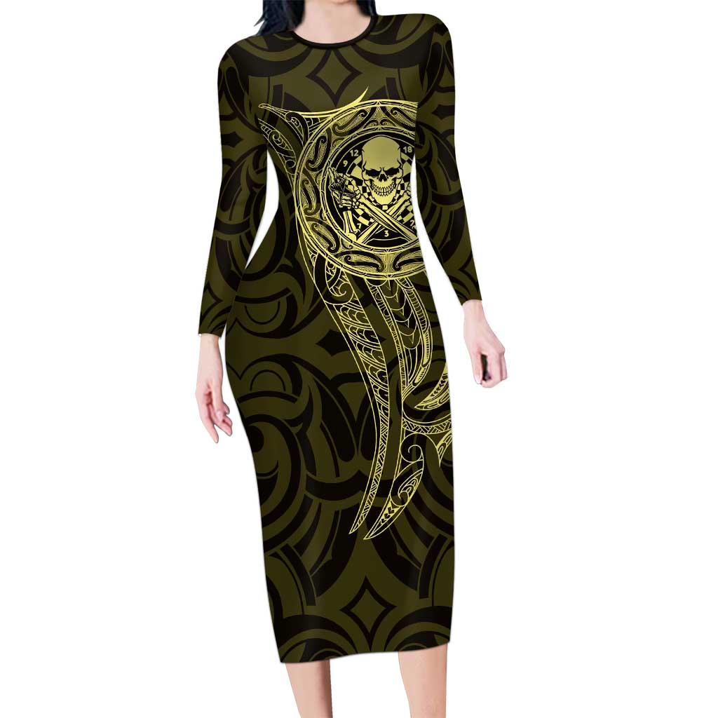 New Zealand Skull Darts Long Sleeve Bodycon Dress Aotearoa Maori Chest Tattoo Stylized Gold - Aussie Hoodie