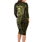 New Zealand Skull Darts Long Sleeve Bodycon Dress Aotearoa Maori Chest Tattoo Stylized Gold - Aussie Hoodie