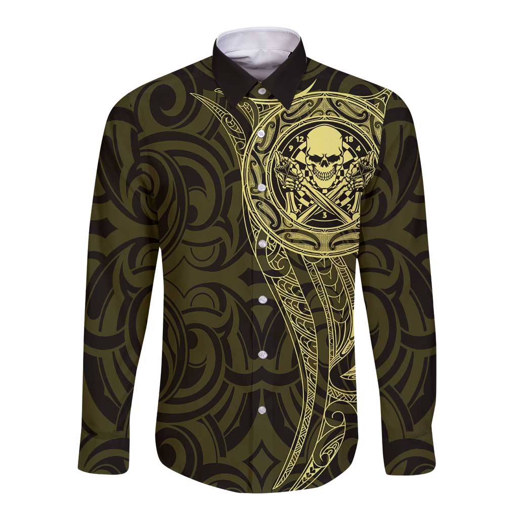 New Zealand Skull Darts Long Sleeve Button Shirt Aotearoa Maori Chest Tattoo Stylized Gold - Aussie Hoodie