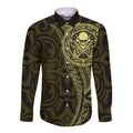New Zealand Skull Darts Long Sleeve Button Shirt Aotearoa Maori Chest Tattoo Stylized Gold - Aussie Hoodie