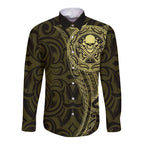 New Zealand Skull Darts Long Sleeve Button Shirt Aotearoa Maori Chest Tattoo Stylized Gold - Aussie Hoodie