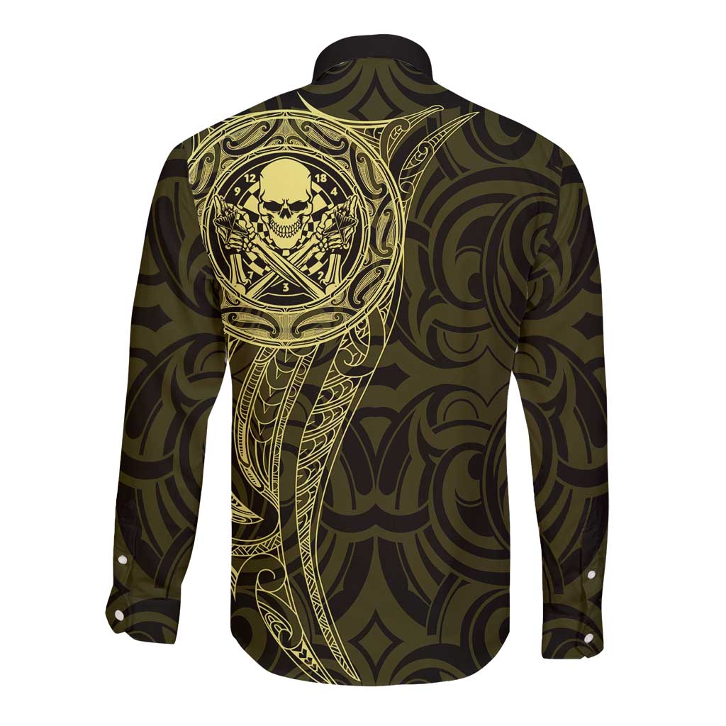 New Zealand Skull Darts Long Sleeve Button Shirt Aotearoa Maori Chest Tattoo Stylized Gold - Aussie Hoodie